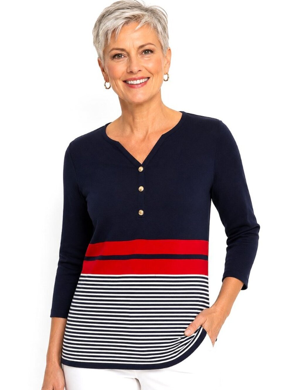 Vintage Misook Red White Black Stripe V-Neck Pullover Sweater